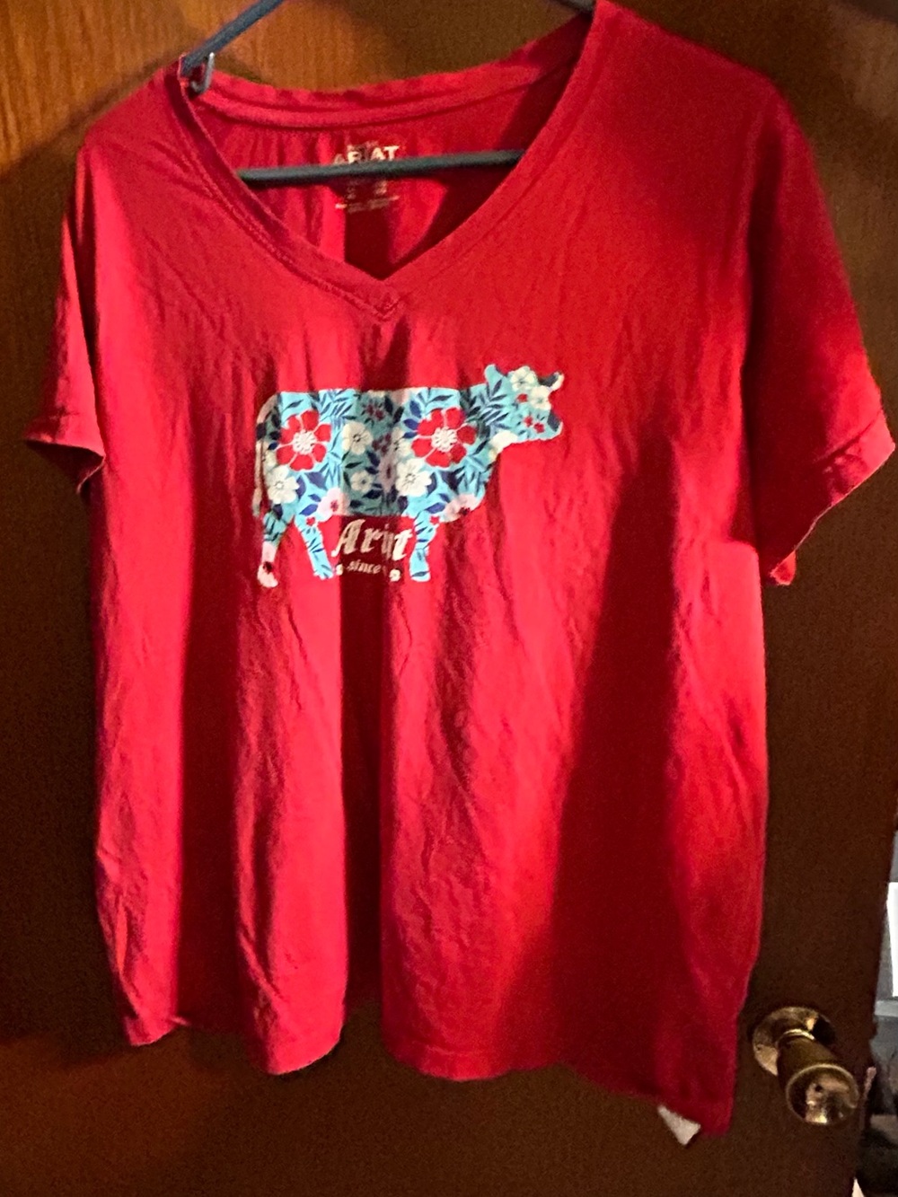 Ariat Red V-Neck Tee with Blue Floral Cow Graphic